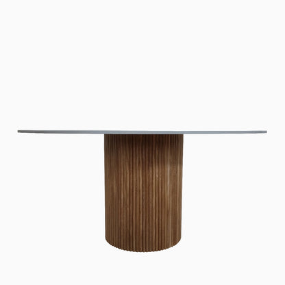 MESA DE COMEDOR CONTEMPORÁNEA CUBIERTA XTONE Y BASE DE MADERA ESTRIADA / CONTEMPORARY ROUND DINING TABLE XTONE SURFACE WITH FLUTED PEDESTAL