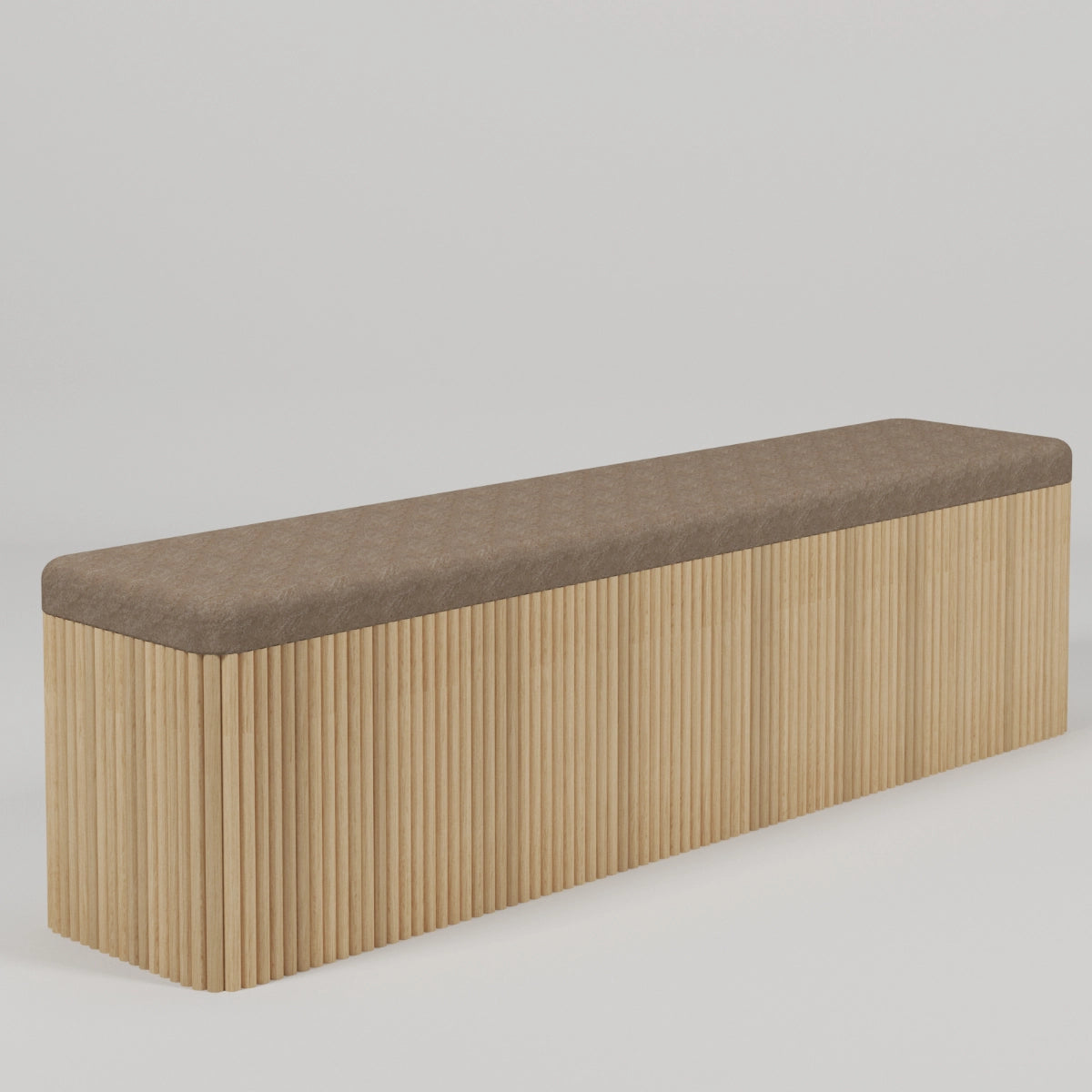 Render de Taburete largo coffee velvet con madera de encino. FACTOR DIEZ