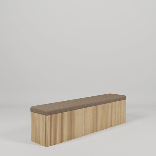 Render de Taburete largo coffee velvet con madera de encino. FACTOR DIEZ